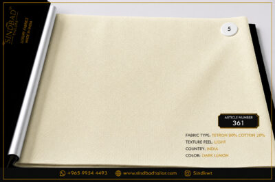 Article 361 Dark Lemon premium summer fabric made from 80% Tetron and 20% Cotton with a lightweight texture for custom Dishdasha tailoring.