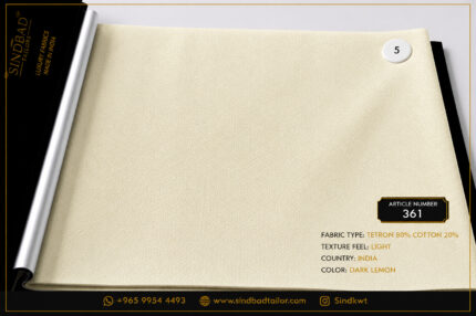 Article 361 Dark Lemon premium summer fabric made from 80% Tetron and 20% Cotton with a lightweight texture for custom Dishdasha tailoring.