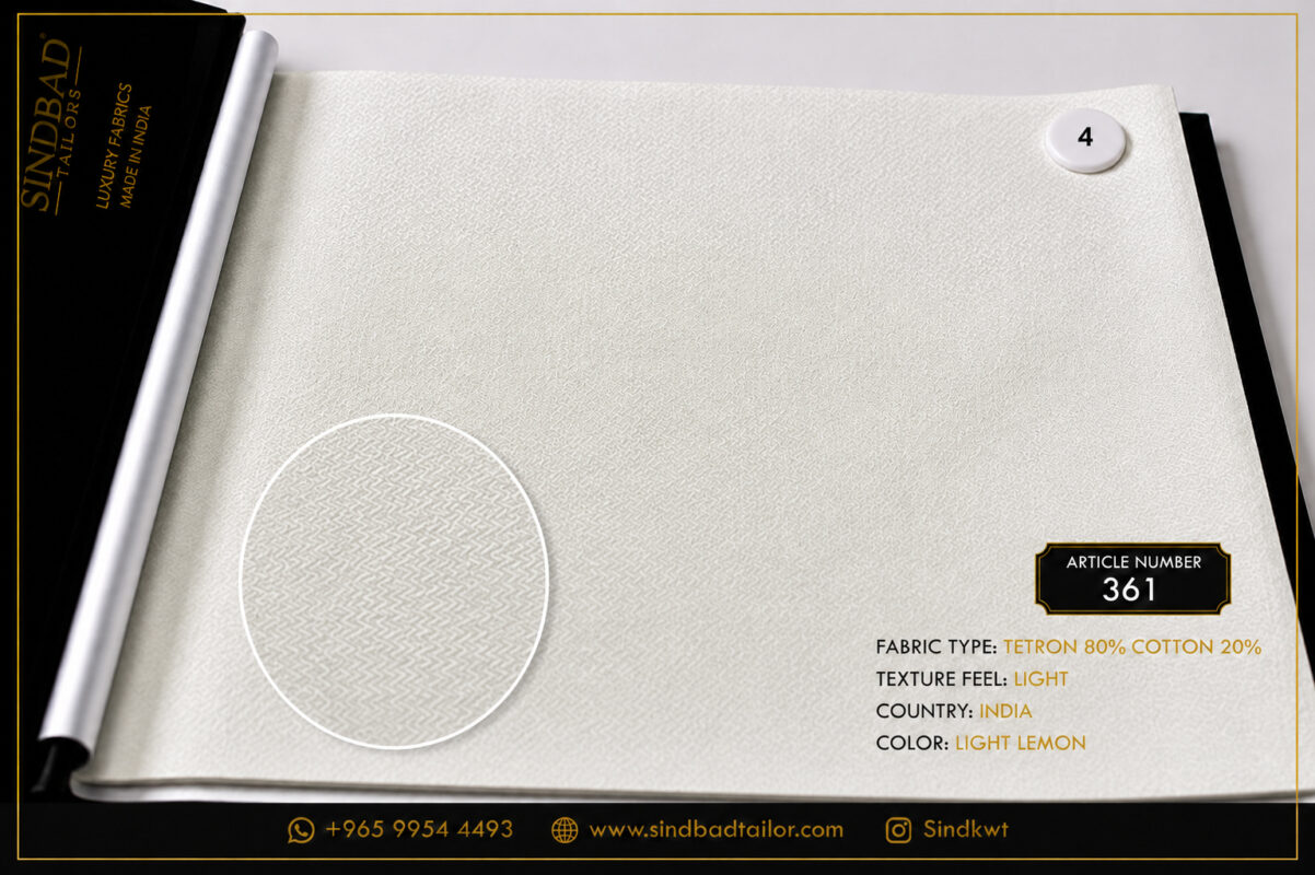 Article 361 Light Lemon premium summer fabric made from 80% Tetron and 20% Cotton with a lightweight texture for custom Dishdasha tailoring.