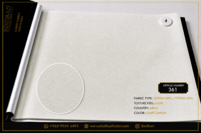 Article 361 Light Lemon premium summer fabric made from 80% Tetron and 20% Cotton with a lightweight texture for custom Dishdasha tailoring.