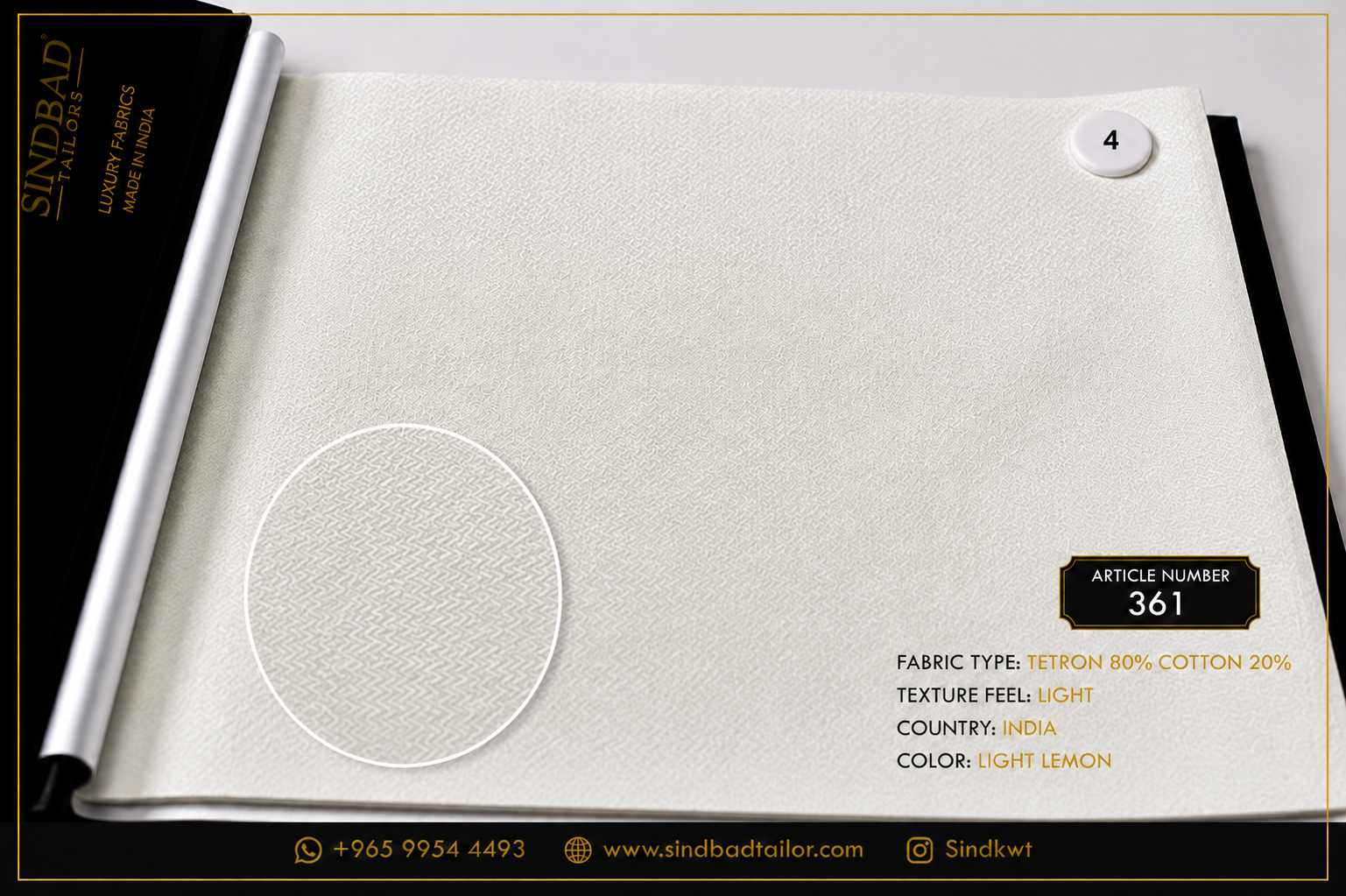 Article 361 – Light Lemon Summer Fabric Article 361 Light Lemon premium summer fabric made from 80% Tetron and 20% Cotton with a lightweight texture for custom Dishdasha tailoring.