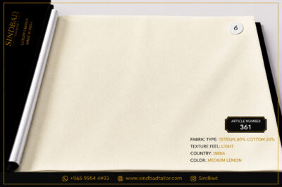 Article 361 Medium Lemon premium summer fabric made from 80% Tetron and 20% Cotton with a lightweight texture for custom Dishdasha tailoring.