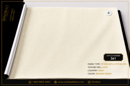 Article 361 Medium Lemon premium summer fabric made from 80% Tetron and 20% Cotton with a lightweight texture for custom Dishdasha tailoring.