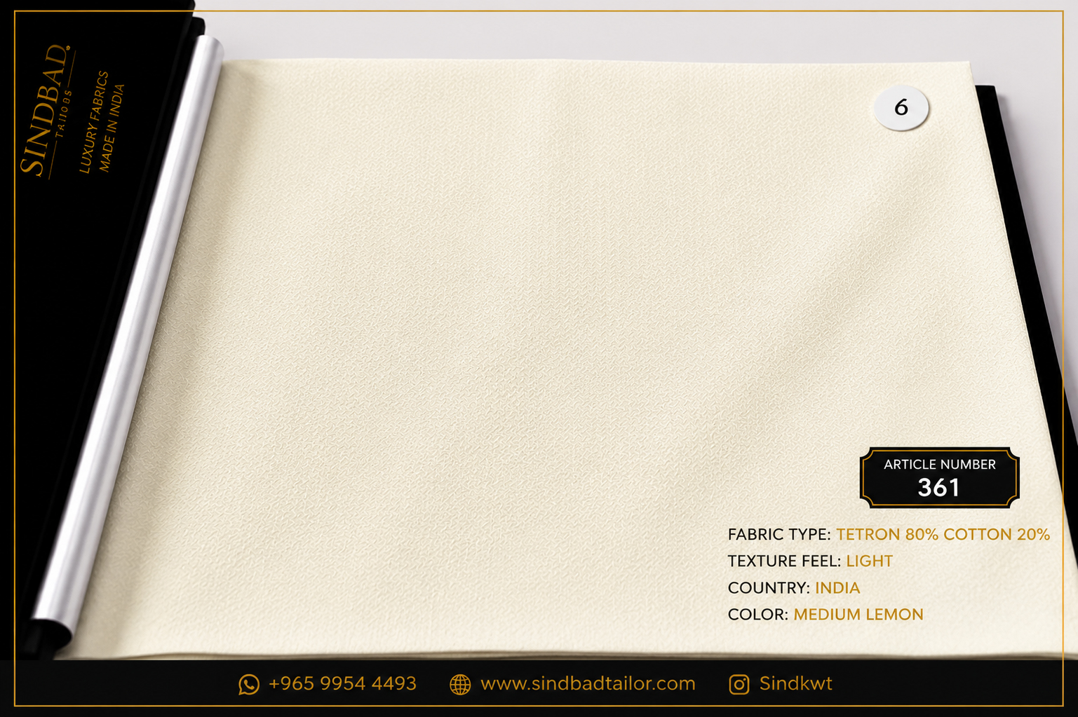 Article 361 – Medium Lemon Summer Fabric Article 361 Medium Lemon premium summer fabric made from 80% Tetron and 20% Cotton with a lightweight texture for custom Dishdasha tailoring.