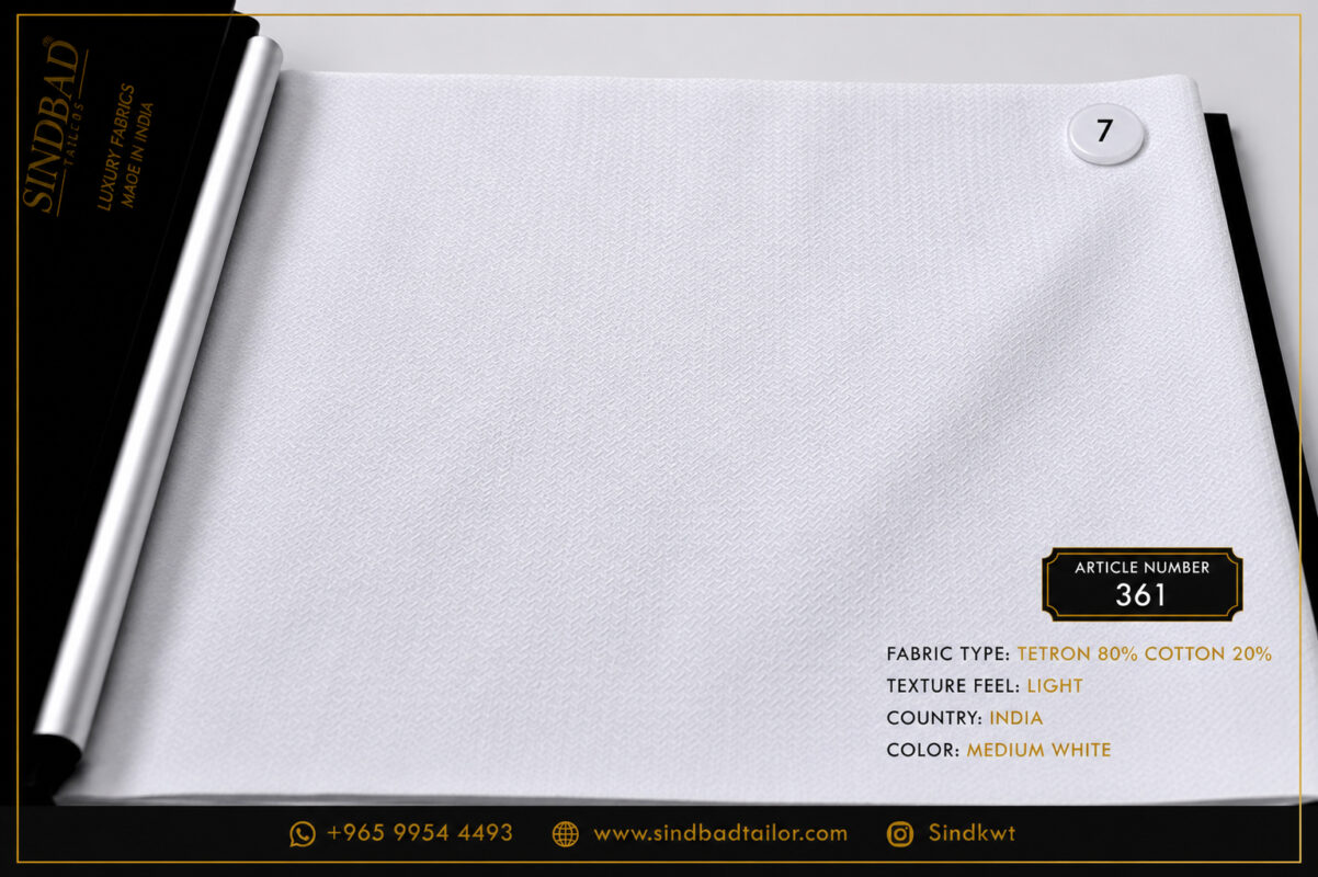 Article 361 Medium White premium summer fabric made from 80% Tetron and 20% Cotton with a lightweight texture for custom Dishdasha tailoring.