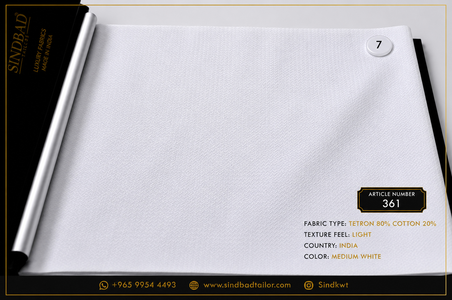 Article 361 – Medium White Summer Fabric Article 361 Medium White premium summer fabric made from 80% Tetron and 20% Cotton with a lightweight texture for custom Dishdasha tailoring.