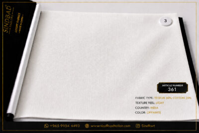 Article 361 Off White premium summer fabric made from 80% Tetron and 20% Cotton with a lightweight texture for custom Dishdasha tailoring.