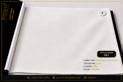 Article 361 Off White premium summer fabric made from 80% Tetron and 20% Cotton with a lightweight texture for custom Dishdasha tailoring.