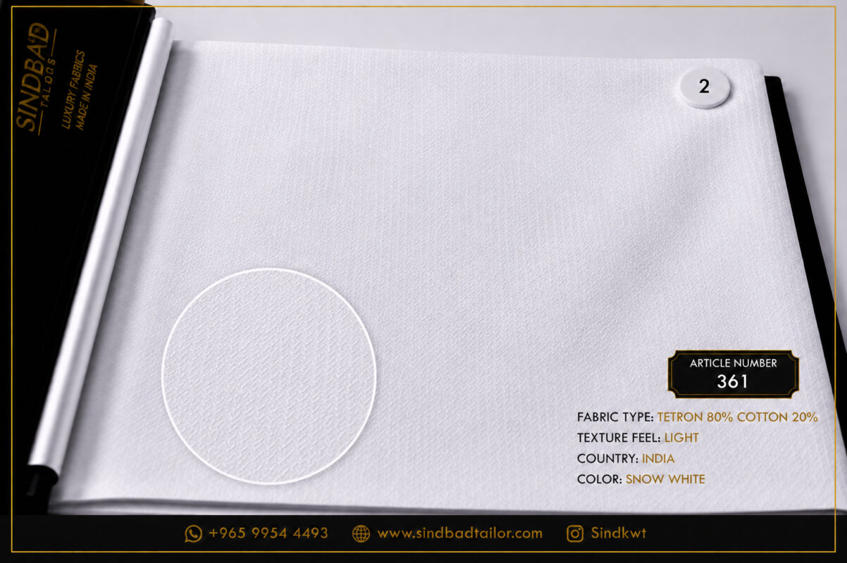 Article 361 Snow White premium summer fabric made from 80% Tetron and 20% Cotton with a lightweight texture for custom Dishdasha tailoring.