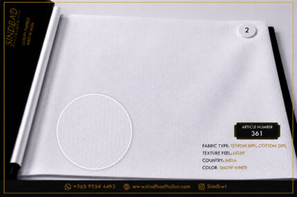 Article 361 Snow White premium summer fabric made from 80% Tetron and 20% Cotton with a lightweight texture for custom Dishdasha tailoring.