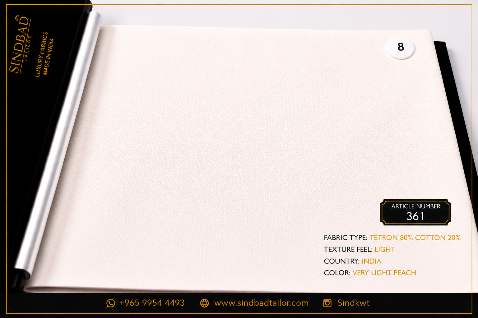 Article 361 – Very Light Peach Summer Fabric Article 361 Very Light Peach premium summer fabric made from 80% Tetron and 20% Cotton with a lightweight texture for custom Dishdasha tailoring.