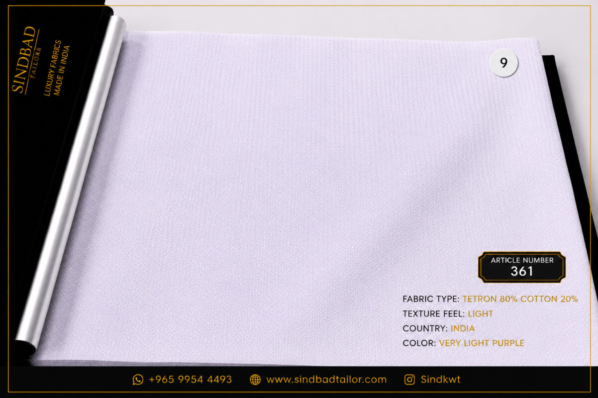 Article 361 Very Light Purple premium summer fabric made from 80% Tetron and 20% Cotton with a lightweight texture for custom Dishdasha tailoring.