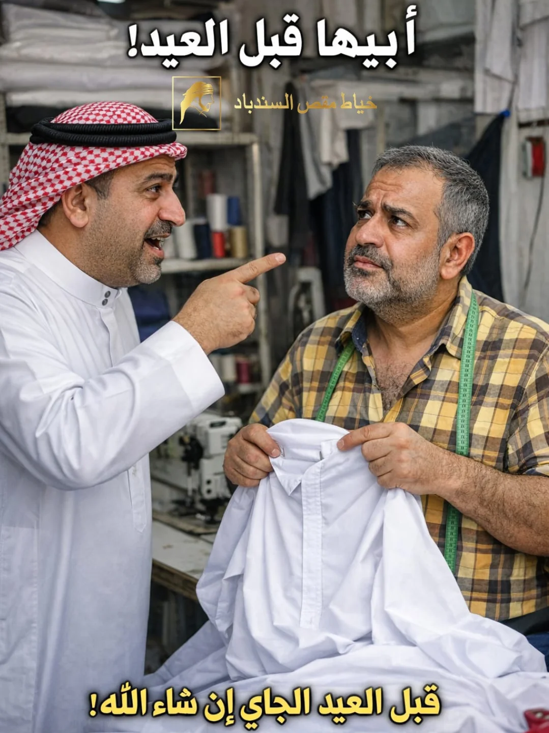 Customer discussing custom Dishdasha tailoring with an experienced tailor at Maqs Al-Sindbad Tailors.