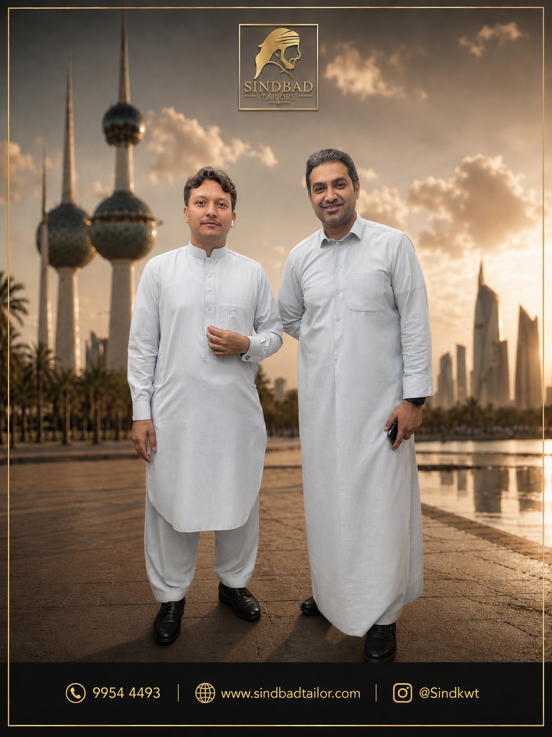 Customers wearing premium custom-tailored Dishdashas by Maqs Al-Sindbad Tailors in Kuwait.