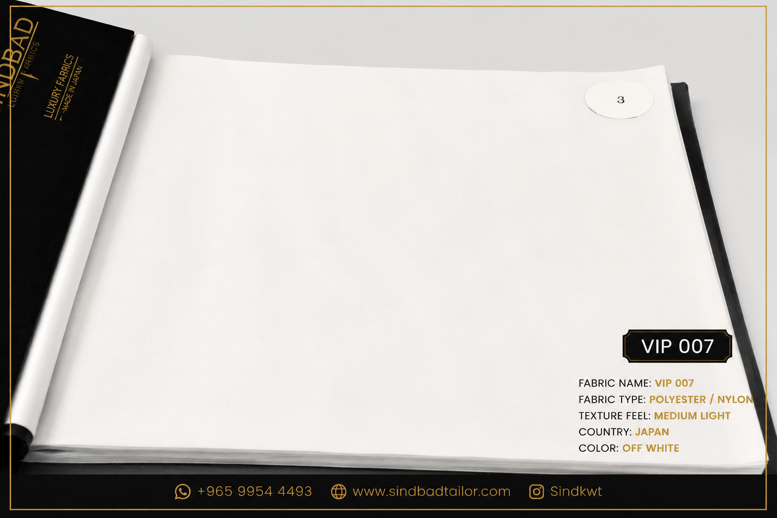 VIP 007 Off White Summer Fabric VIP 007 Off White premium Japanese summer fabric made from Polyester and Nylon blend with a medium light texture for custom Dishdasha tailoring.