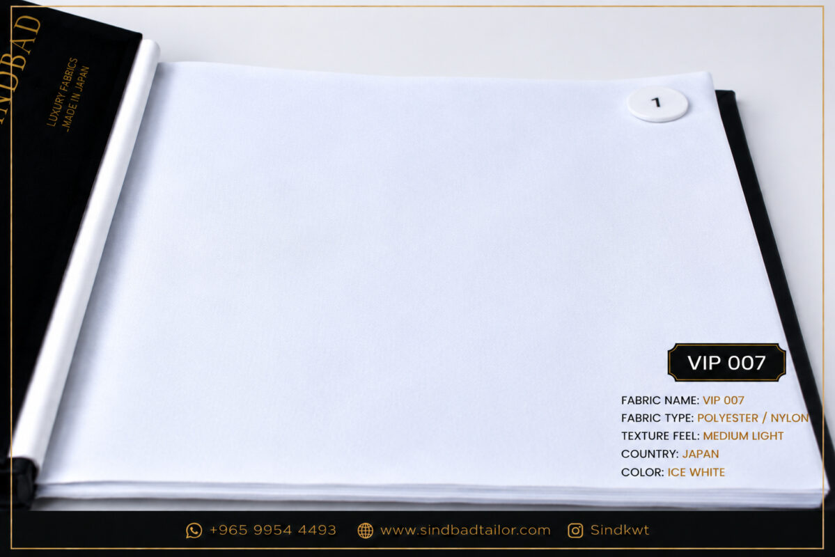 VIP 007 Ice White premium summer fabric made from Polyester and Nylon with a medium light texture for custom Dishdasha tailoring.