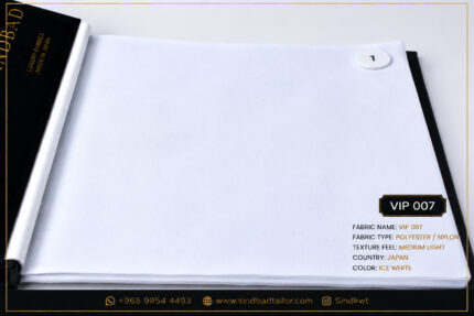 VIP 007 Ice White premium summer fabric made from Polyester and Nylon with a medium light texture for custom Dishdasha tailoring.