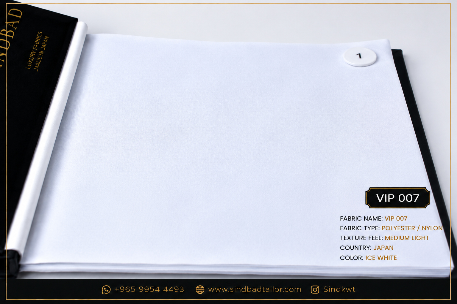 VIP 007 – Ice White Summer Fabric VIP 007 Ice White premium summer fabric made from Polyester and Nylon with a medium light texture for custom Dishdasha tailoring.