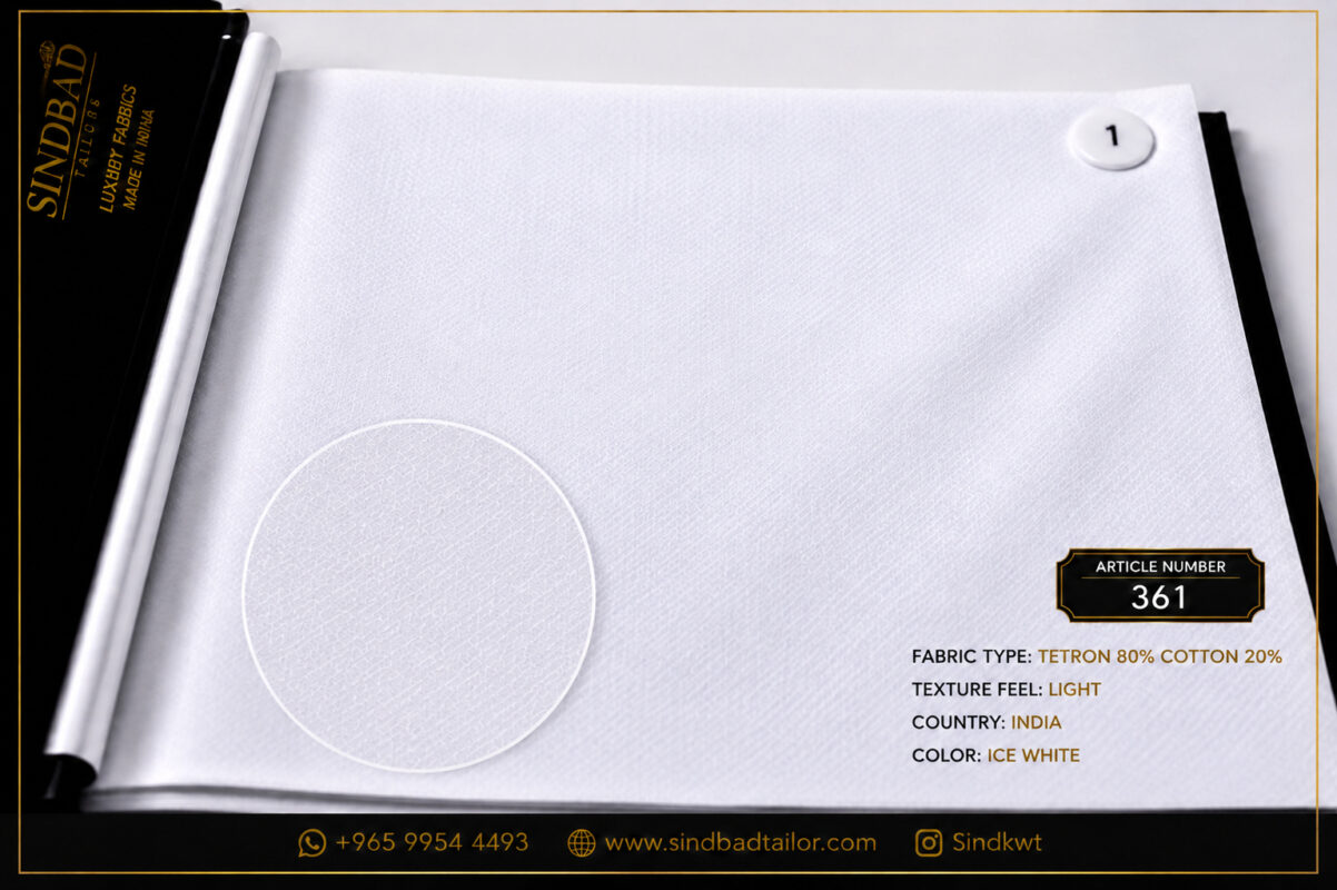 Article 361 Ice White premium summer fabric made from 80% Tetron and 20% Cotton with a lightweight texture for custom Dishdasha tailoring.
